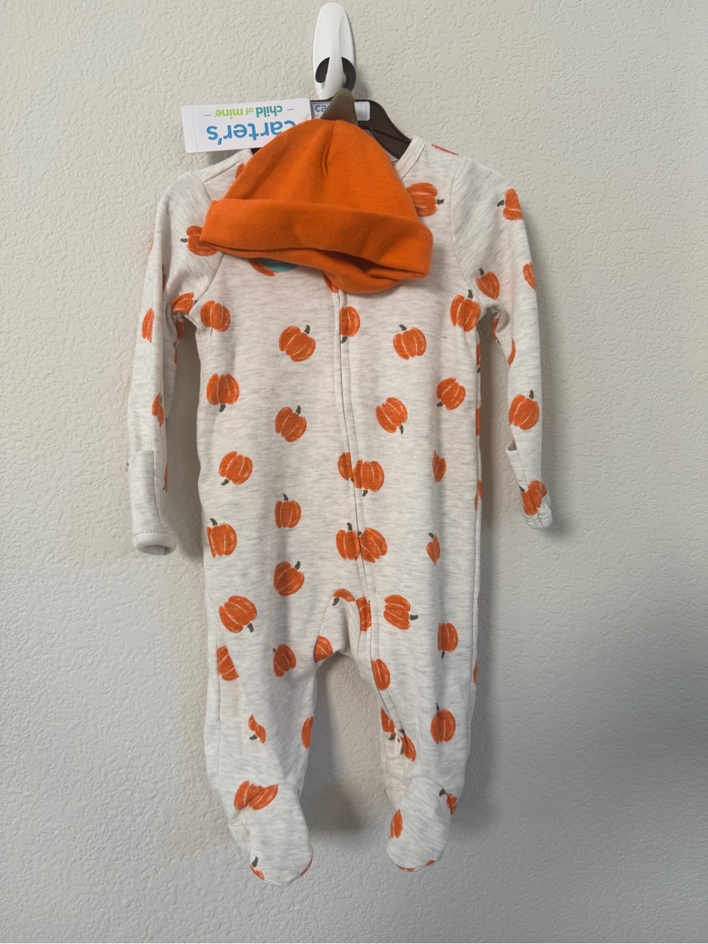 Carter's Cream Pumpkin Print Footed One-Piece with Orange Hat